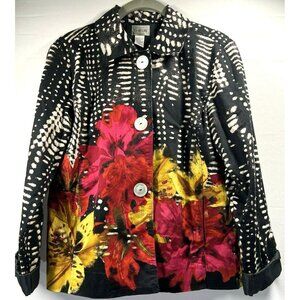 Chico's Jacket Size Medium Colorful Artsy Floral Button Up Lined Long Sleeve‎